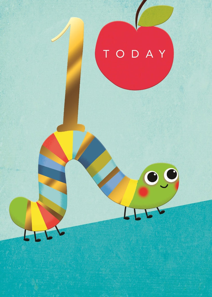 Caterpillar Blue Happy 1st Birthday Card