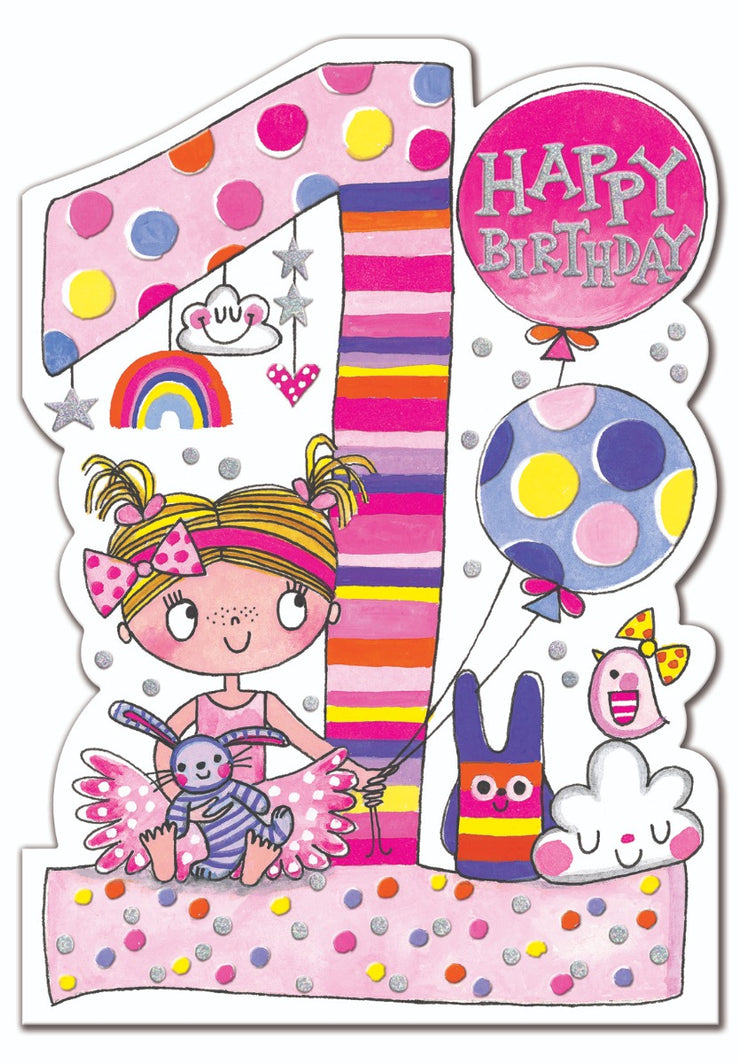 Pink Girl Happy 1st Birthday Card