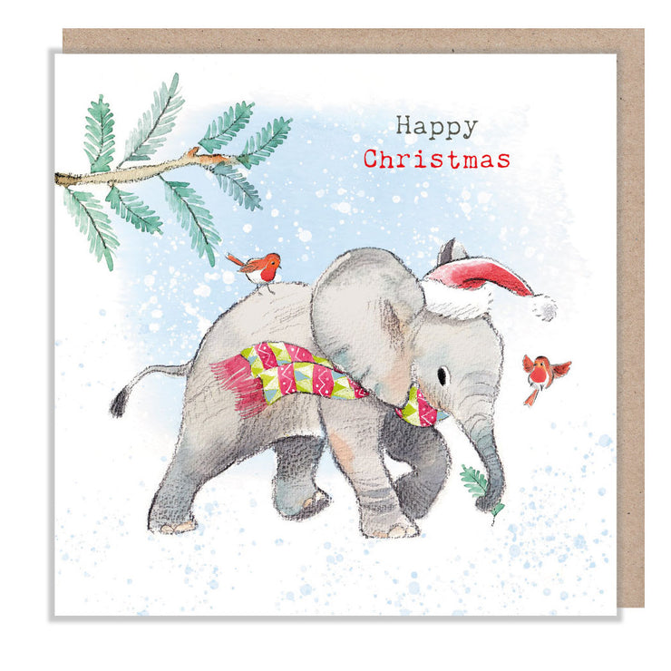 Elephant and Robins Christmas Card