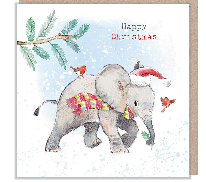 Elephant and Robins Christmas Card