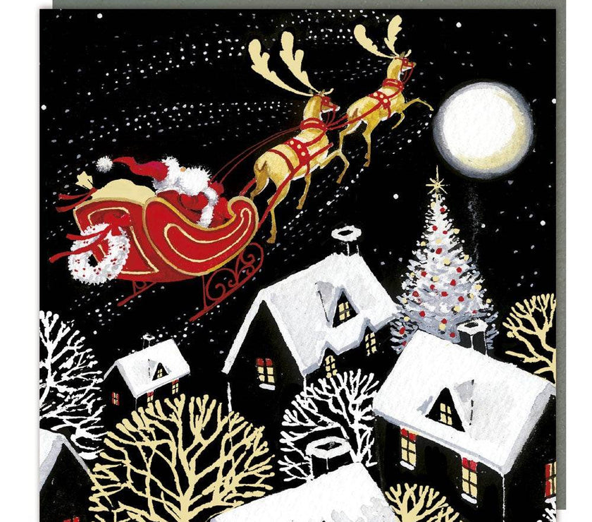 5 Santa Over Black and White Rooftops Christmas Cards - House of Cards