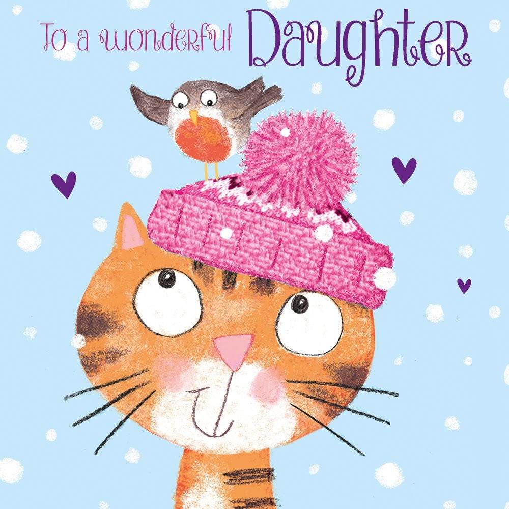 Daughter Cat in Bobble Hat Christmas Card - House of Cards