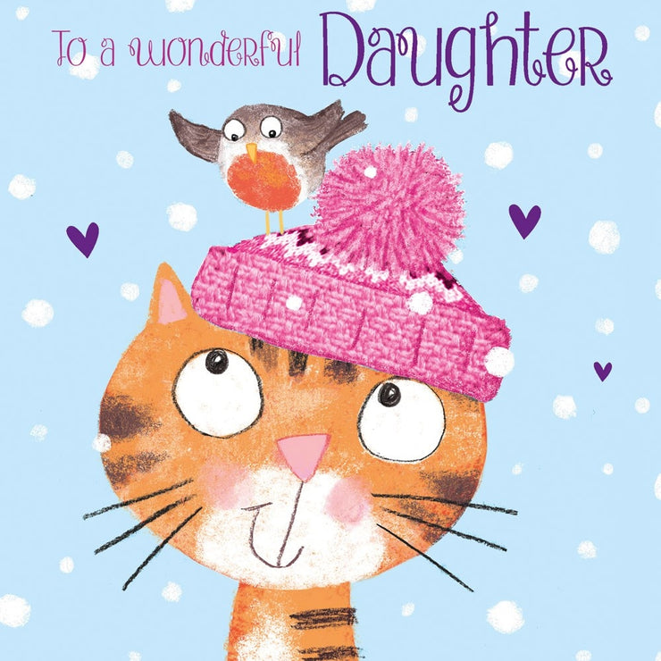 Daughter Cat in Bobble Hat Christmas Card