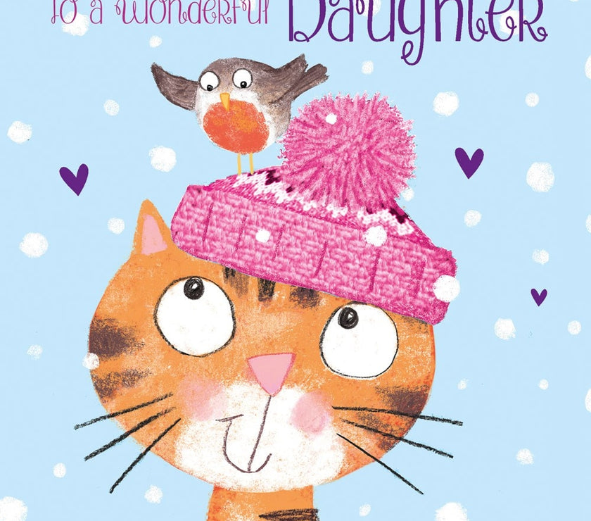 Daughter Cat in Bobble Hat Christmas Card