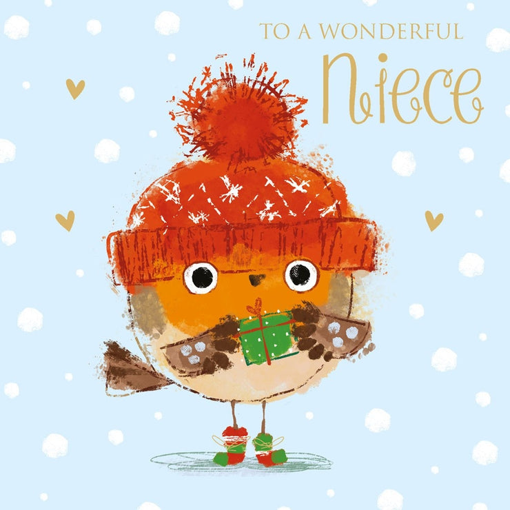 Niece Robin in Bobble Hat Christmas Card