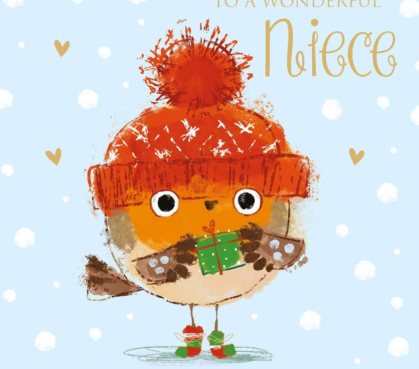 Niece Robin in Bobble Hat Christmas Card